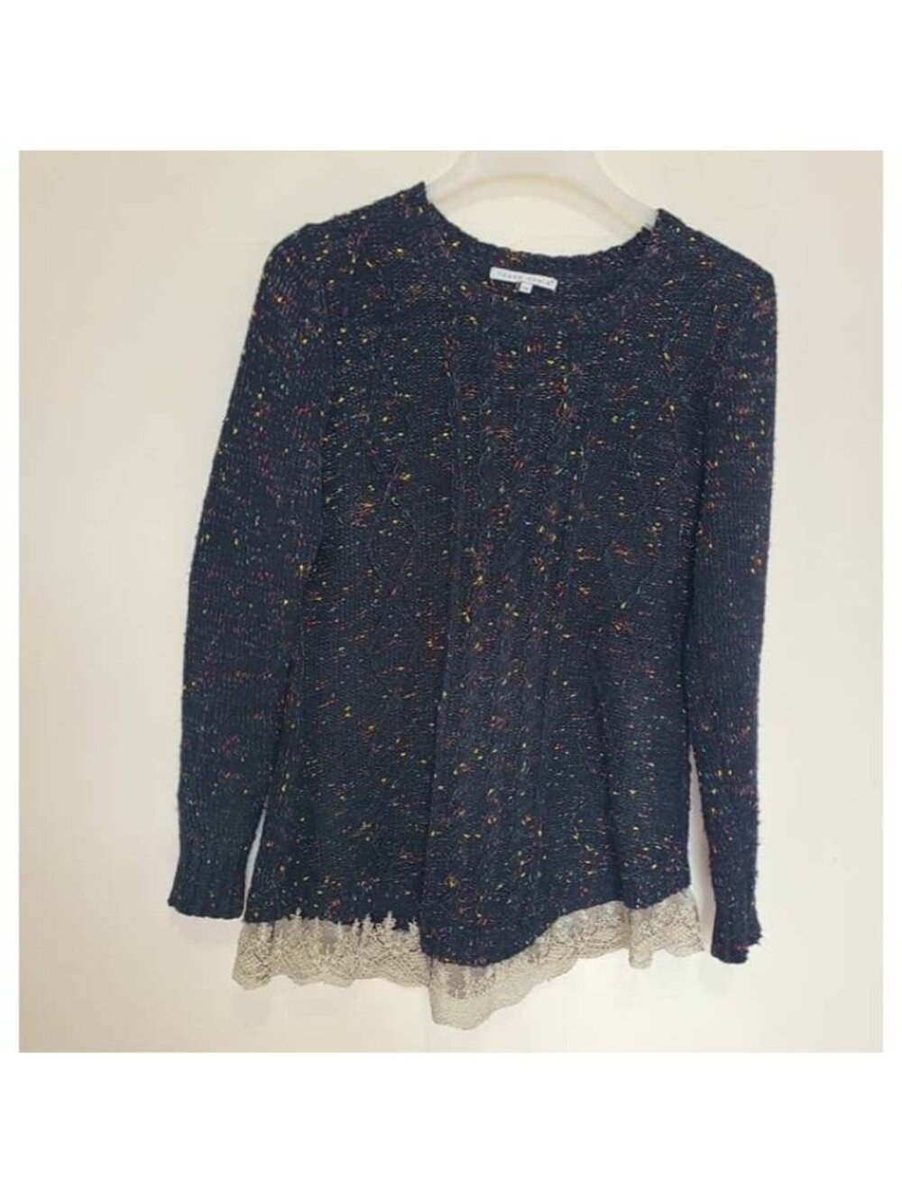 Tempo Paris Women’s Crew Neck Sweater Multicolor Black Size S/M Lace Trim